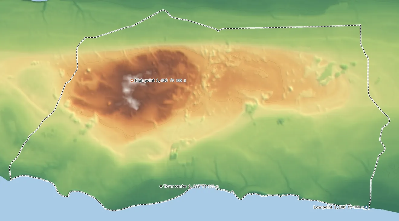 Topographic elevation map of Ponemah, Minnesota, shaded from 1,180 ft on the east side to 1,430 ft on the north side
