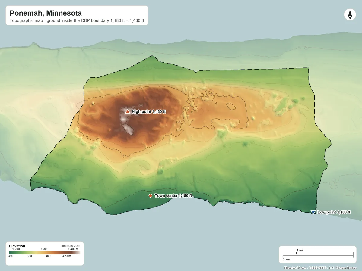 Topographic elevation map of Ponemah, Minnesota, shaded from 1,180 ft on the east side to 1,430 ft on the north side