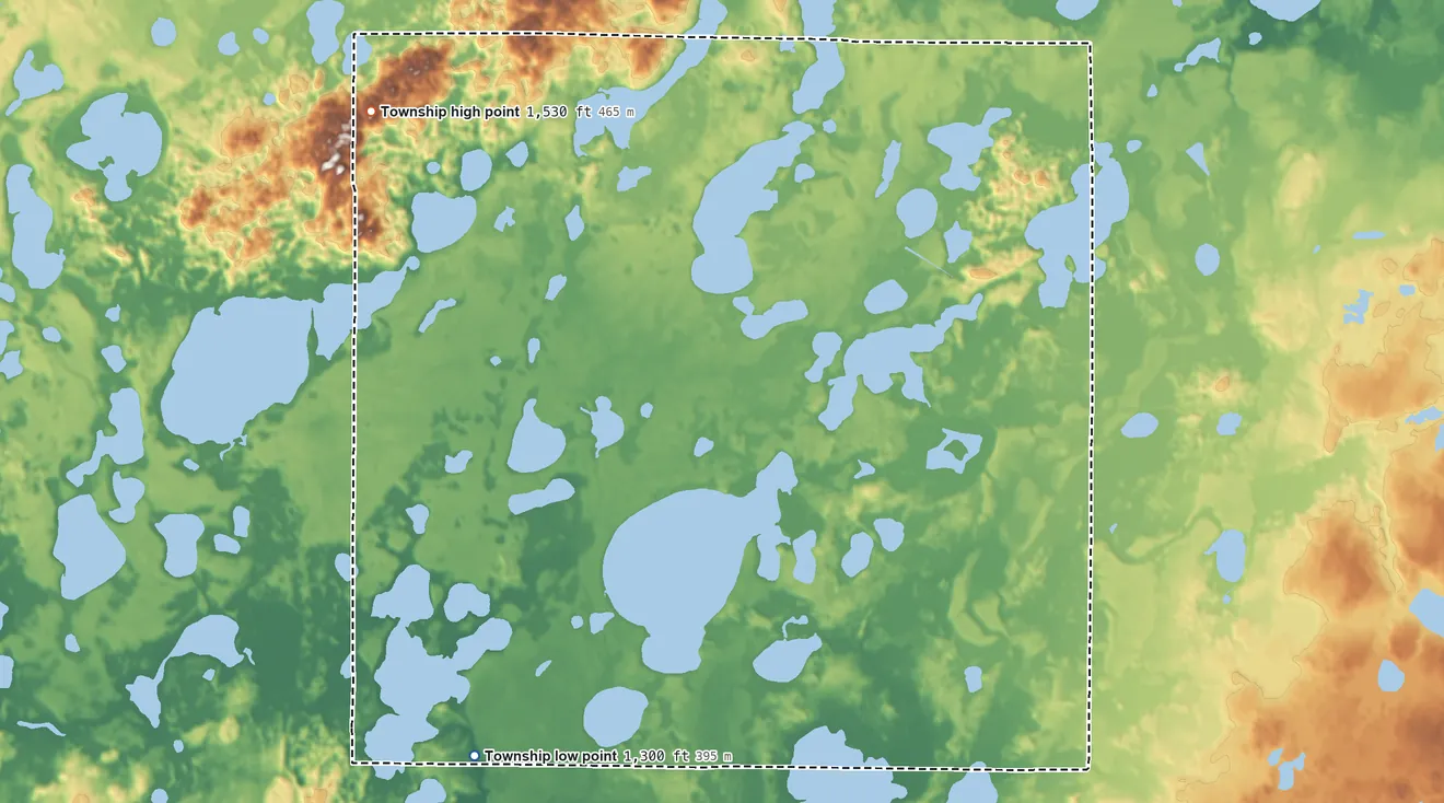 Topographic elevation map of Ponto Lake Township, Minnesota, shaded from 1,300 ft on the southwest side to 1,530 ft on the northwest side