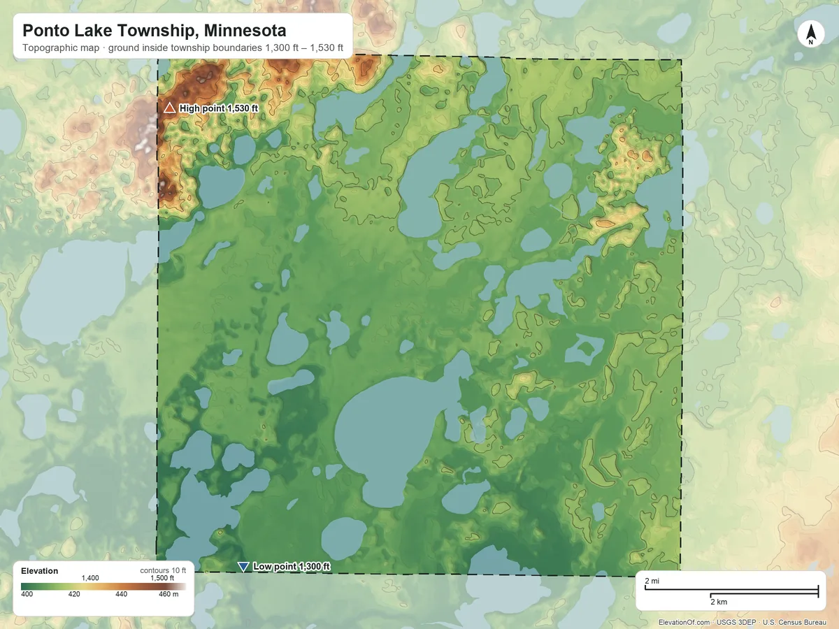 Topographic elevation map of Ponto Lake Township, Minnesota, shaded from 1,300 ft on the southwest side to 1,530 ft on the northwest side