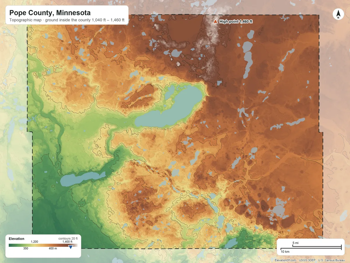Topographic elevation map of Pope County, Minnesota, shaded from 1,040 ft on the southwest side to 1,460 ft on the north side