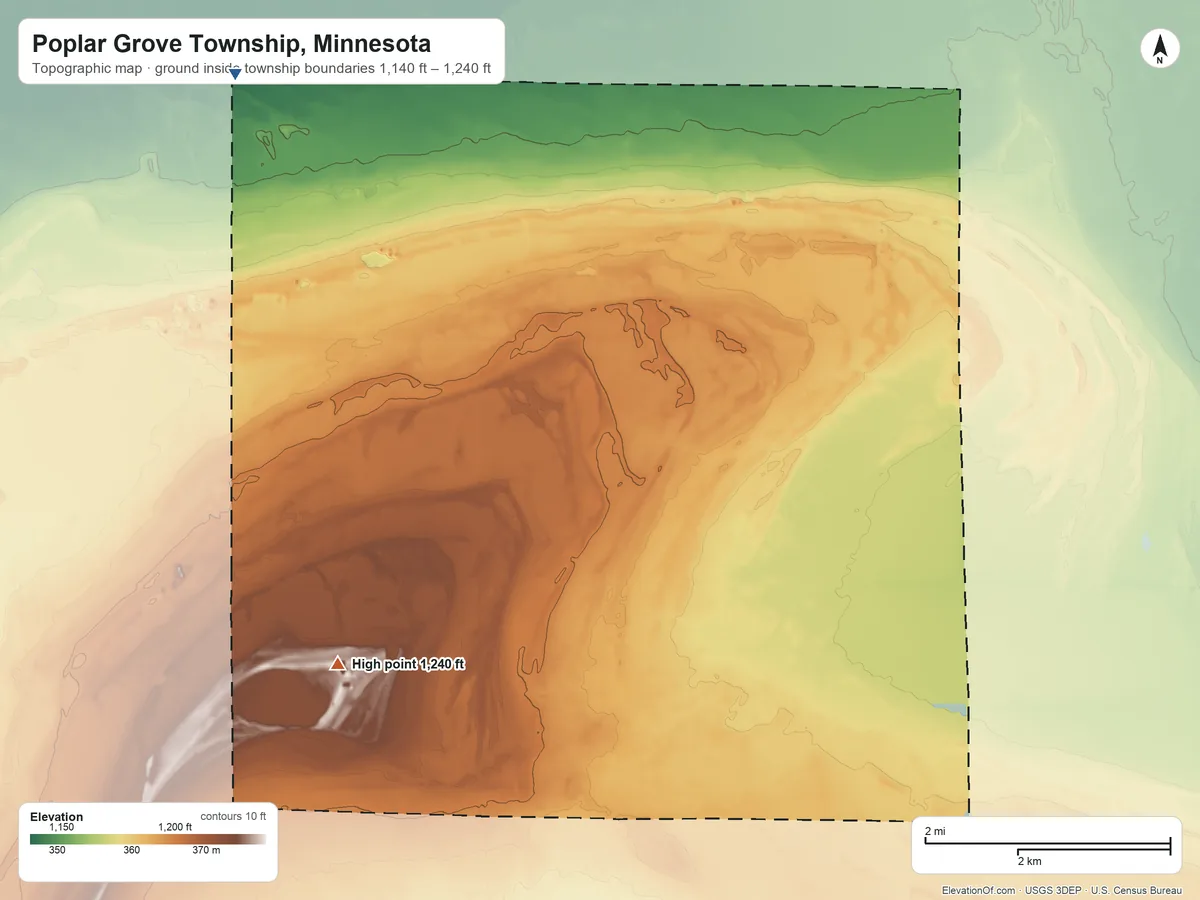Topographic elevation map of Poplar Grove Township, Minnesota, shaded from 1,140 ft on the northwest side to 1,240 ft on the southwest side