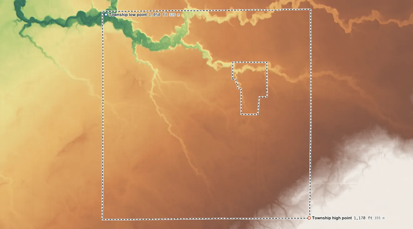 Topographic elevation map of Poplar River Township, Minnesota, shaded from 1,050 ft on the northwest side to 1,170 ft on the southeast side