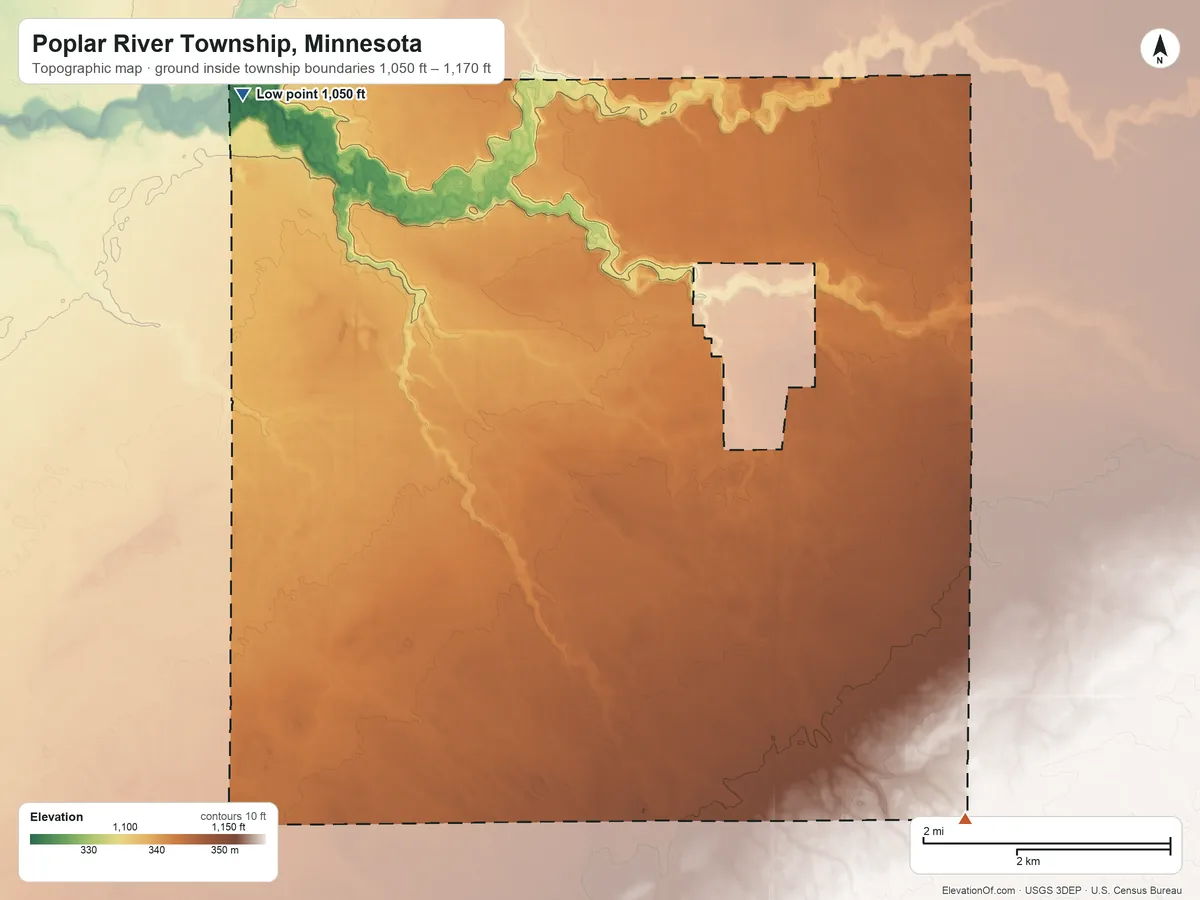 Topographic elevation map of Poplar River Township, Minnesota, shaded from 1,050 ft on the northwest side to 1,170 ft on the southeast side