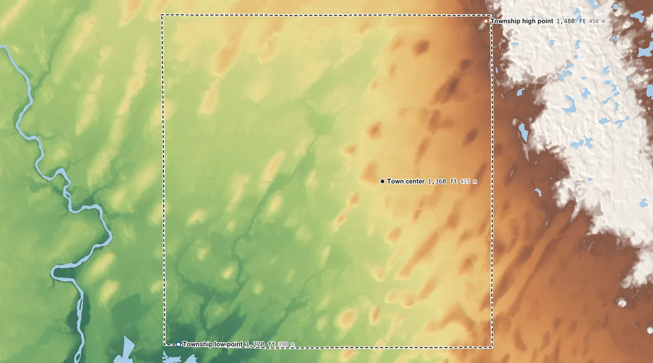 Topographic elevation map of Poplar Township, Minnesota, shaded from 1,270 ft on the southwest side to 1,480 ft on the northeast side