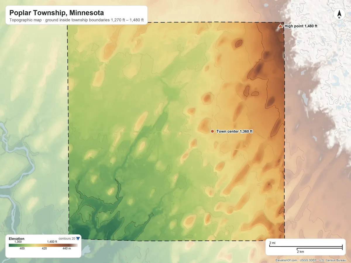 Topographic elevation map of Poplar Township, Minnesota, shaded from 1,270 ft on the southwest side to 1,480 ft on the northeast side