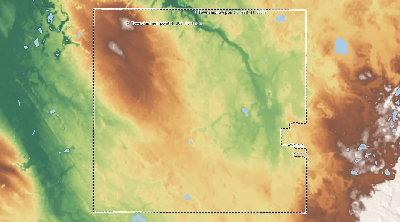Topographic elevation map of Popple Grove Township, Minnesota, shaded from 1,200 ft on the north side to 1,300 ft on the west side