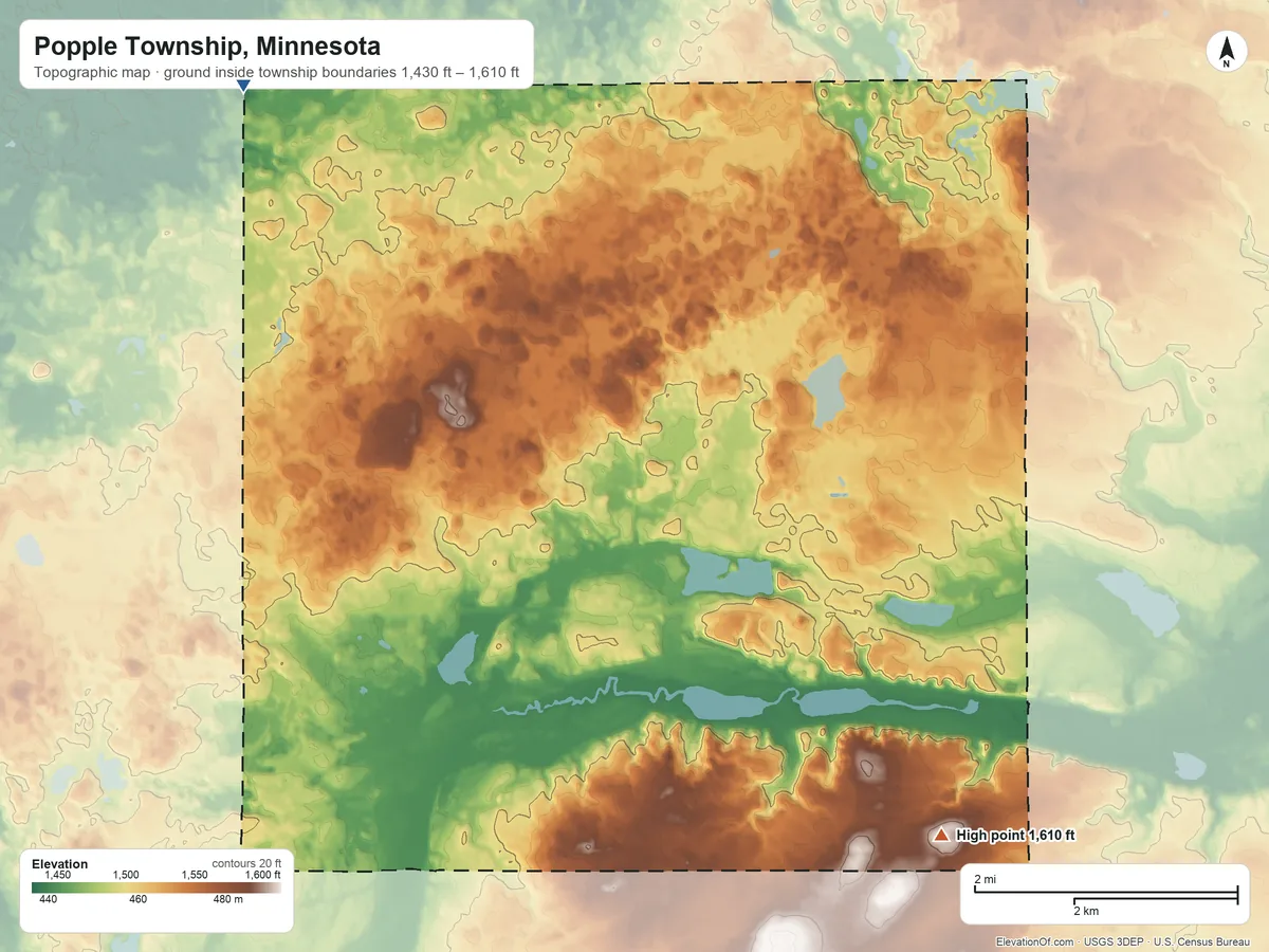 Topographic elevation map of Popple Township, Minnesota, shaded from 1,430 ft on the northwest side to 1,610 ft on the southeast side