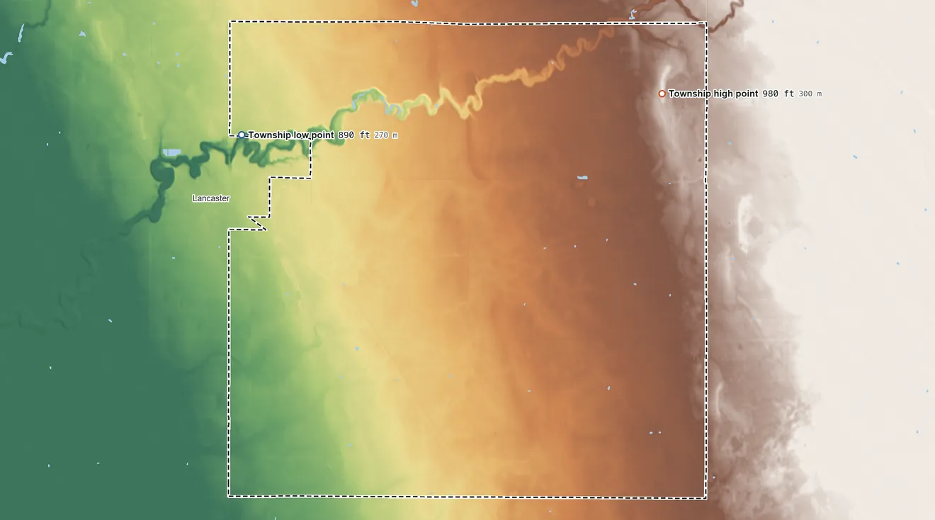 Topographic elevation map of Poppleton Township, Minnesota, shaded from 890 ft on the west side to 980 ft on the east side