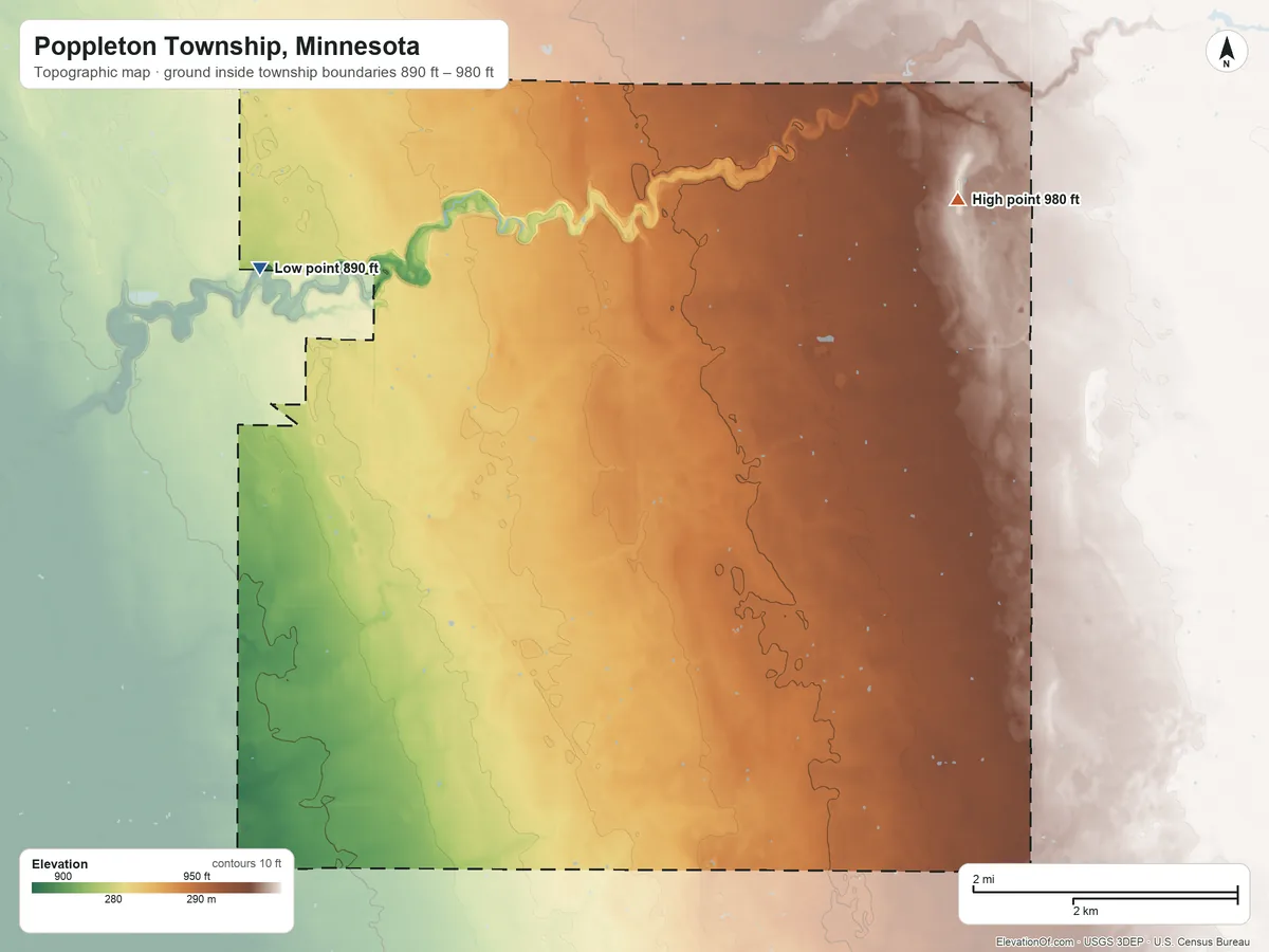 Topographic elevation map of Poppleton Township, Minnesota, shaded from 890 ft on the west side to 980 ft on the east side