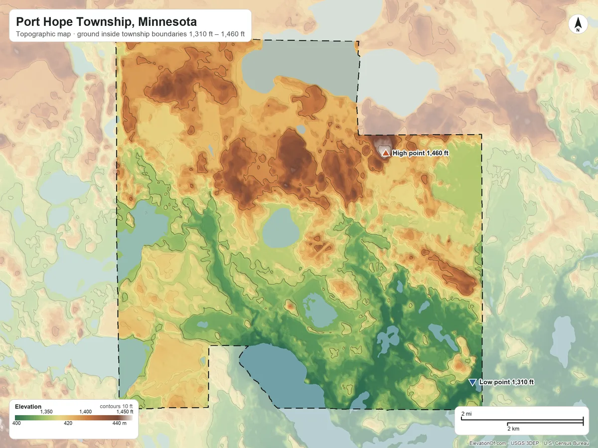 Topographic elevation map of Port Hope Township, Minnesota, shaded from 1,310 ft on the east side to 1,460 ft on the northeast side