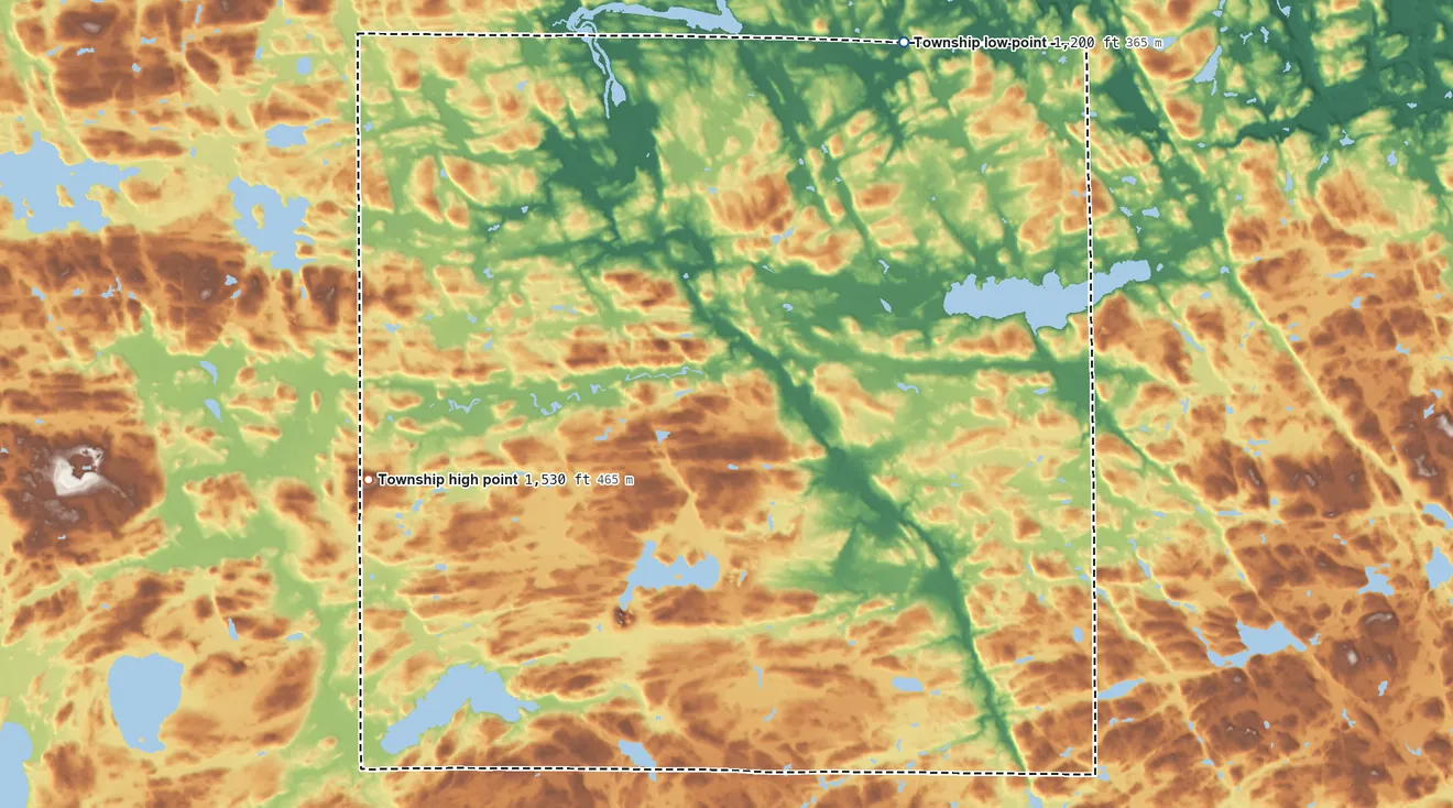 Topographic elevation map of Portage Township, Minnesota, shaded from 1,200 ft on the north side to 1,530 ft on the west side