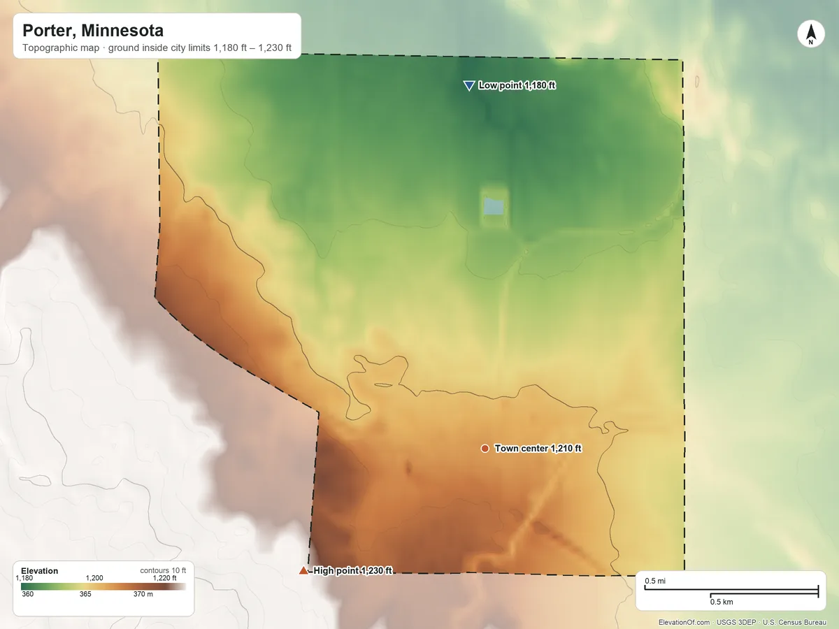 Topographic elevation map of Porter, Minnesota, shaded from 1,180 ft on the north side to 1,230 ft on the southwest side