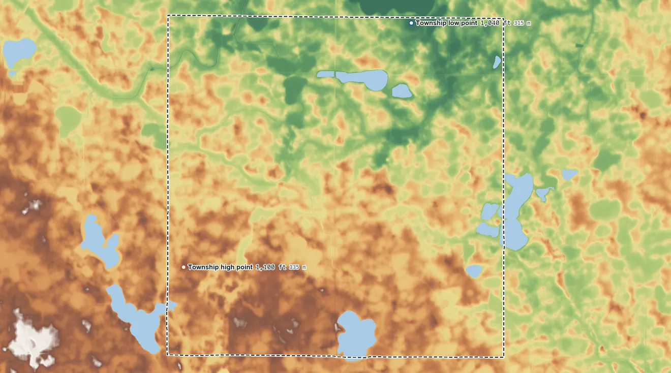 Topographic elevation map of Posen Township, Minnesota, shaded from 1,040 ft on the northeast side to 1,100 ft on the southwest side