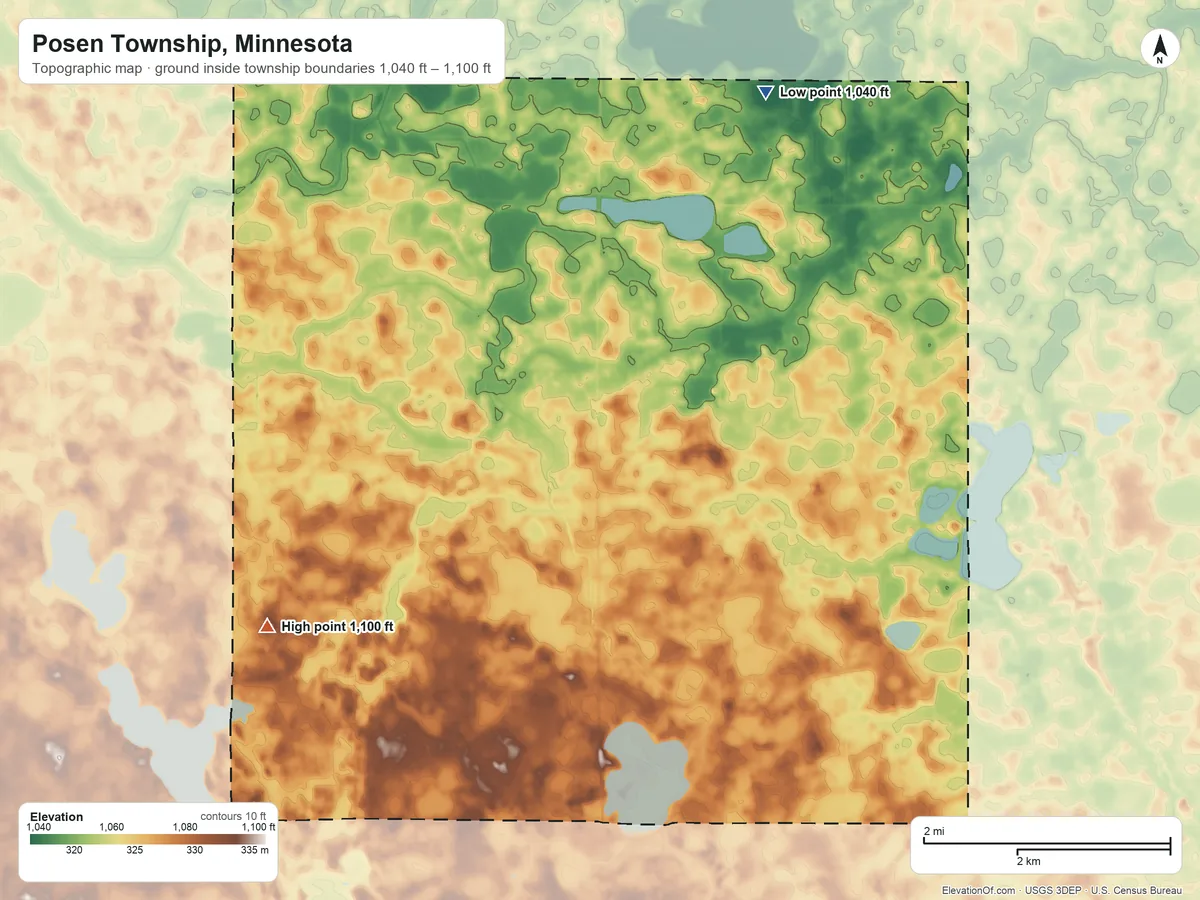 Topographic elevation map of Posen Township, Minnesota, shaded from 1,040 ft on the northeast side to 1,100 ft on the southwest side