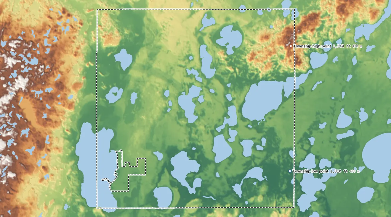 Topographic elevation map of Powers Township, Minnesota, shaded from 1,310 ft on the east side to 1,540 ft on the northeast side