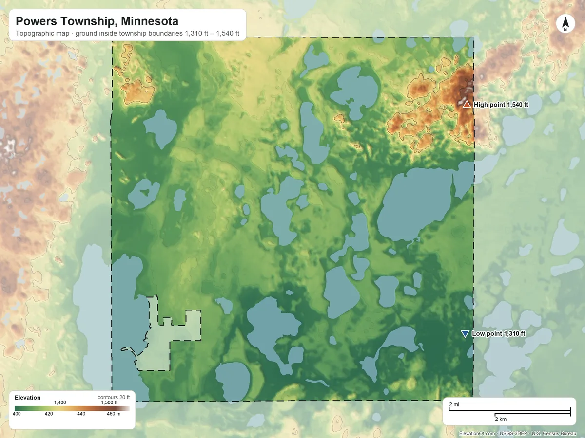Topographic elevation map of Powers Township, Minnesota, shaded from 1,310 ft on the east side to 1,540 ft on the northeast side