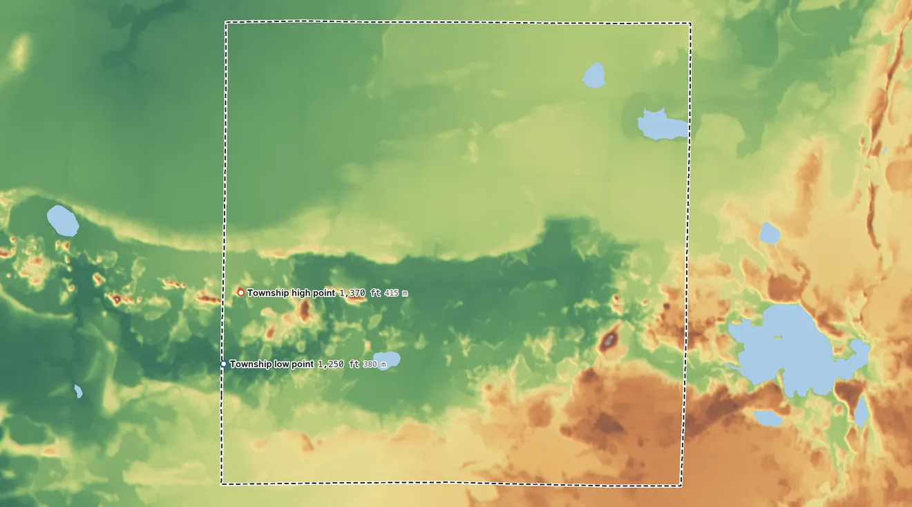 Topographic elevation map of Prairie Lake Township, Minnesota, shaded from 1,250 ft on the west side to 1,370 ft on the west side