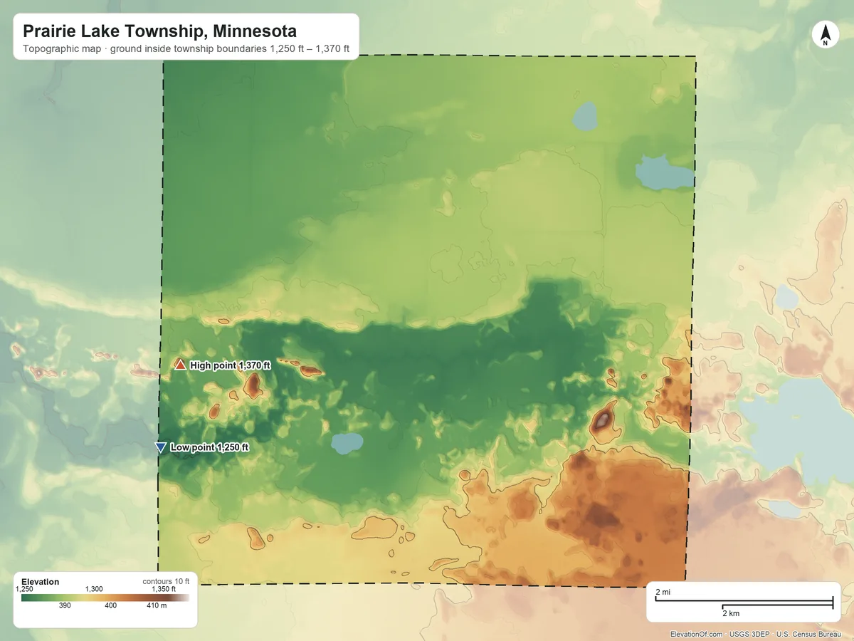 Topographic elevation map of Prairie Lake Township, Minnesota, shaded from 1,250 ft on the west side to 1,370 ft on the west side
