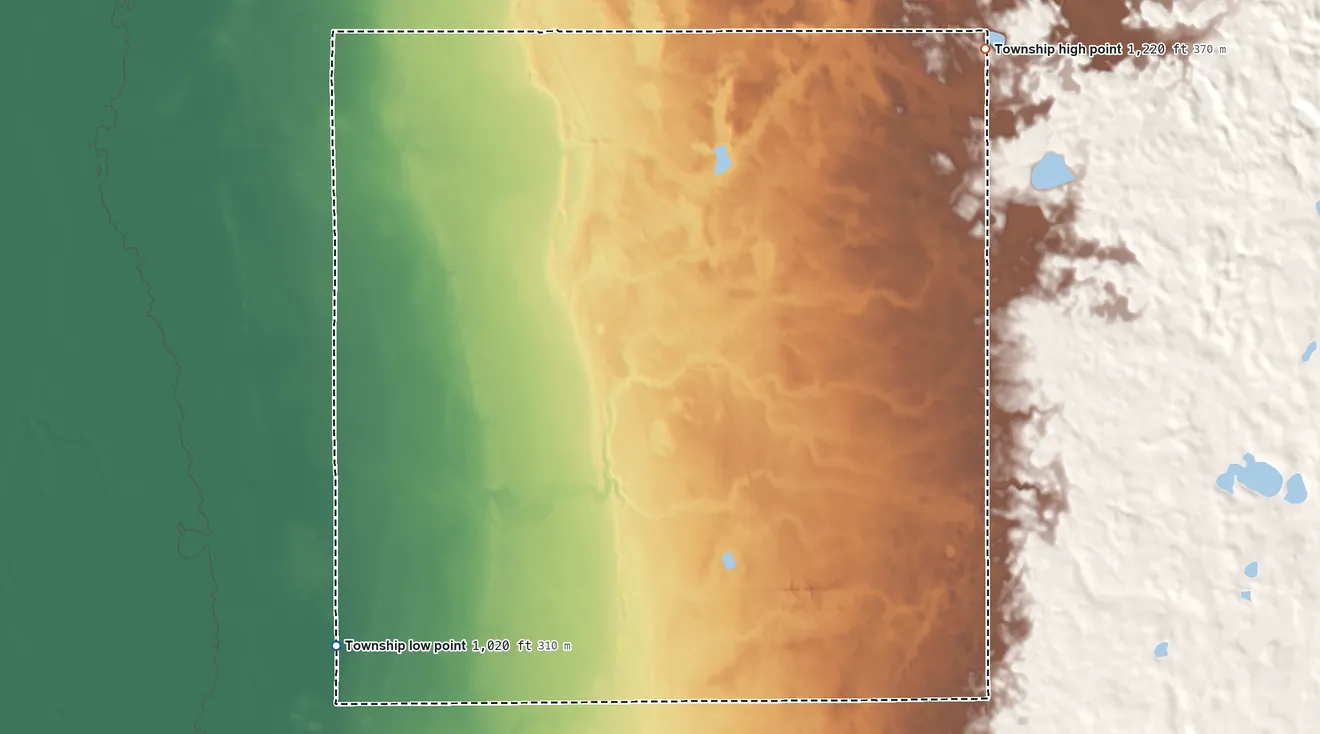 Topographic elevation map of Prairie View Township, Minnesota, shaded from 1,020 ft on the southwest side to 1,220 ft on the northeast side