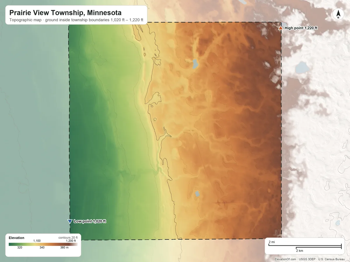 Topographic elevation map of Prairie View Township, Minnesota, shaded from 1,020 ft on the southwest side to 1,220 ft on the northeast side