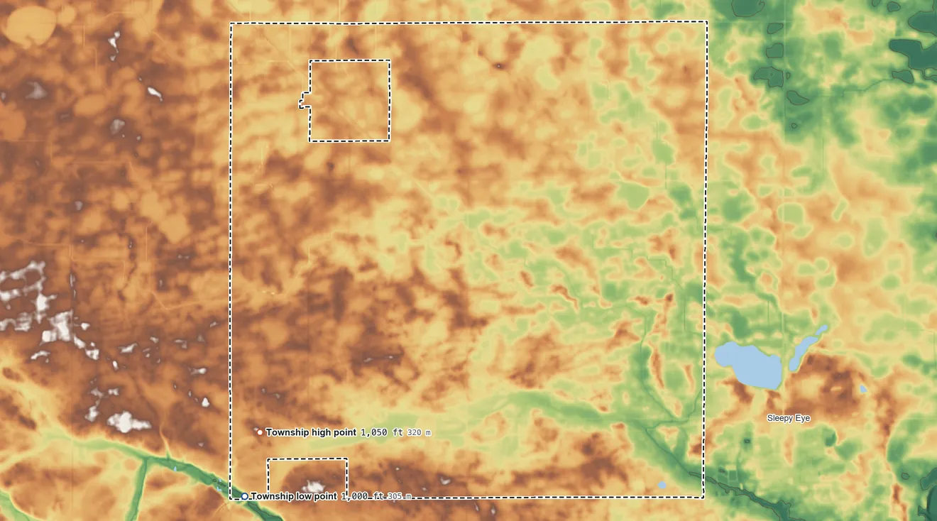 Topographic elevation map of Prairieville Township, Minnesota, shaded from 1,000 ft on the southwest side to 1,050 ft on the southwest side