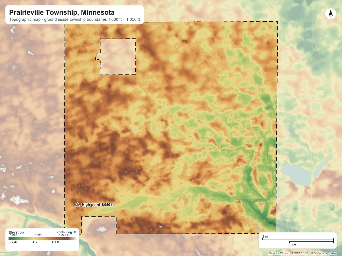 Topographic elevation map of Prairieville Township, Minnesota, shaded from 1,000 ft on the southwest side to 1,050 ft on the southwest side