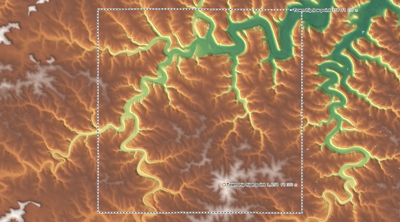 Topographic elevation map of Preble Township, Minnesota, shaded from 750 ft on the northeast side to 1,250 ft on the south side