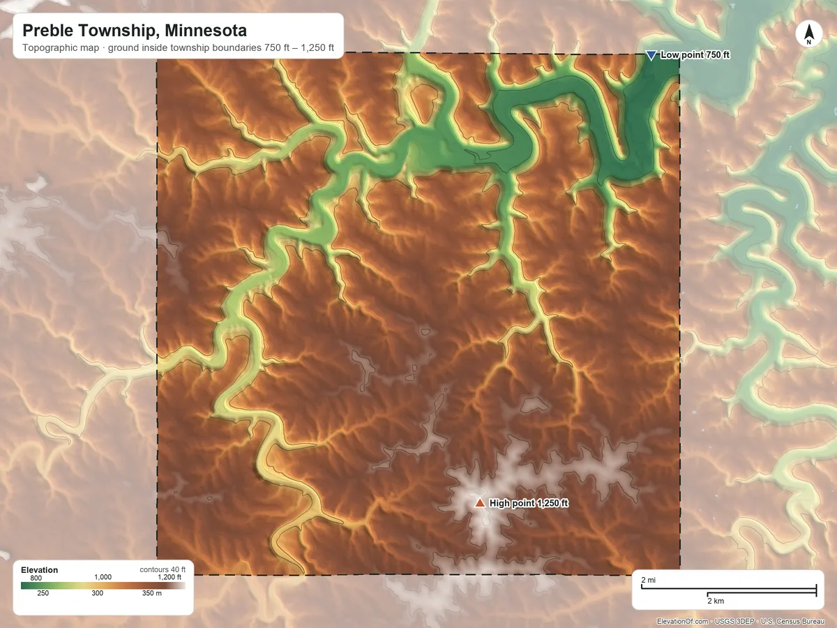 Topographic elevation map of Preble Township, Minnesota, shaded from 750 ft on the northeast side to 1,250 ft on the south side