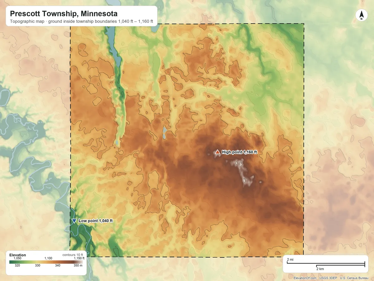 Topographic elevation map of Prescott Township, Minnesota, shaded from 1,040 ft on the southwest side to 1,160 ft on the southeast side