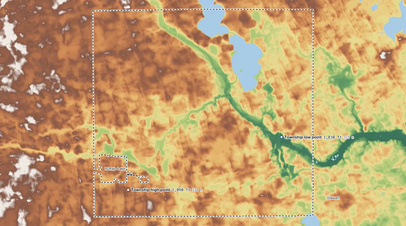 Topographic elevation map of Preston Lake Township, Minnesota, shaded from 1,030 ft on the east side to 1,090 ft on the southwest side