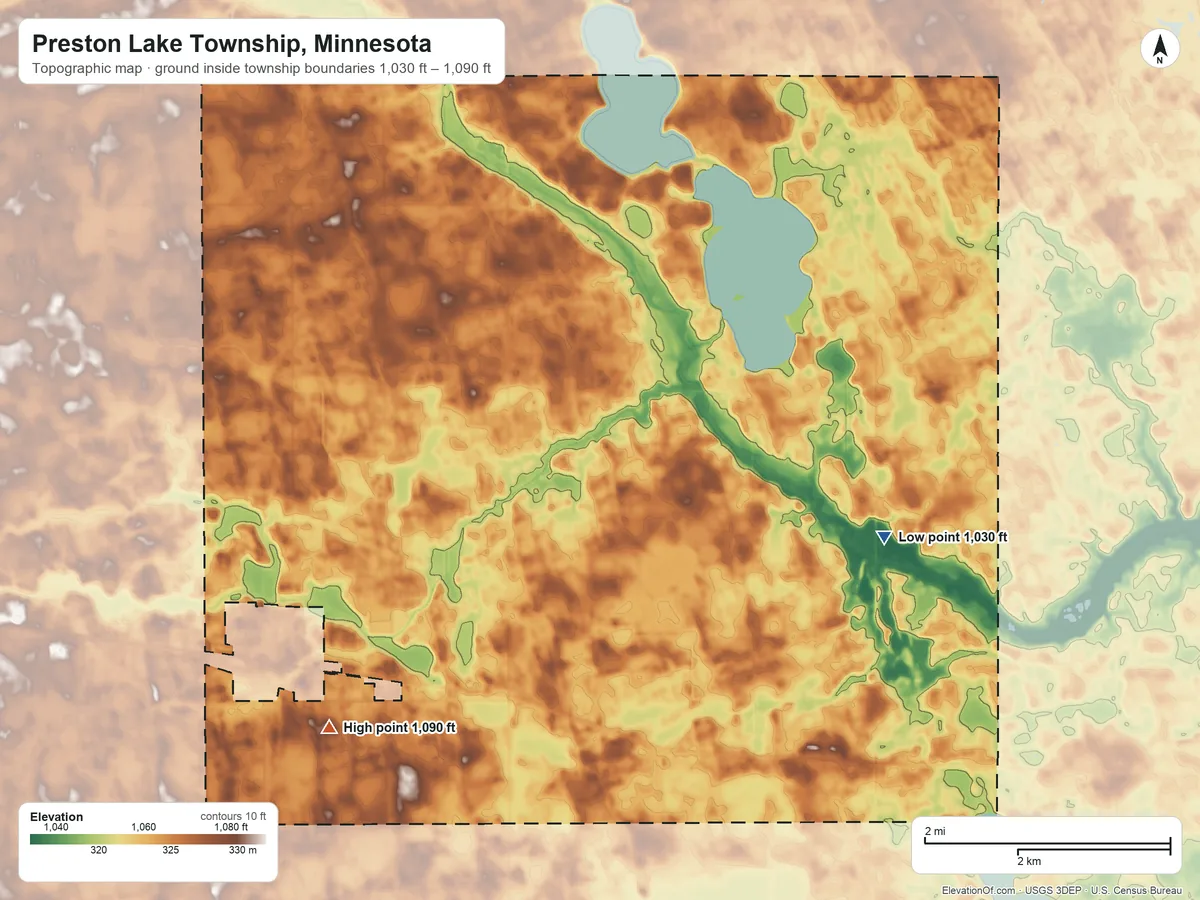 Topographic elevation map of Preston Lake Township, Minnesota, shaded from 1,030 ft on the east side to 1,090 ft on the southwest side