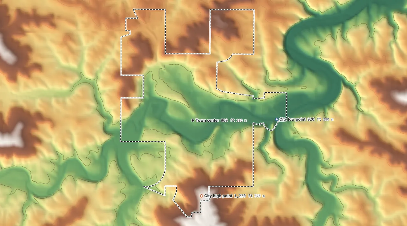 Topographic elevation map of Preston, Minnesota, shaded from 920 ft on the east side to 1,230 ft on the south side