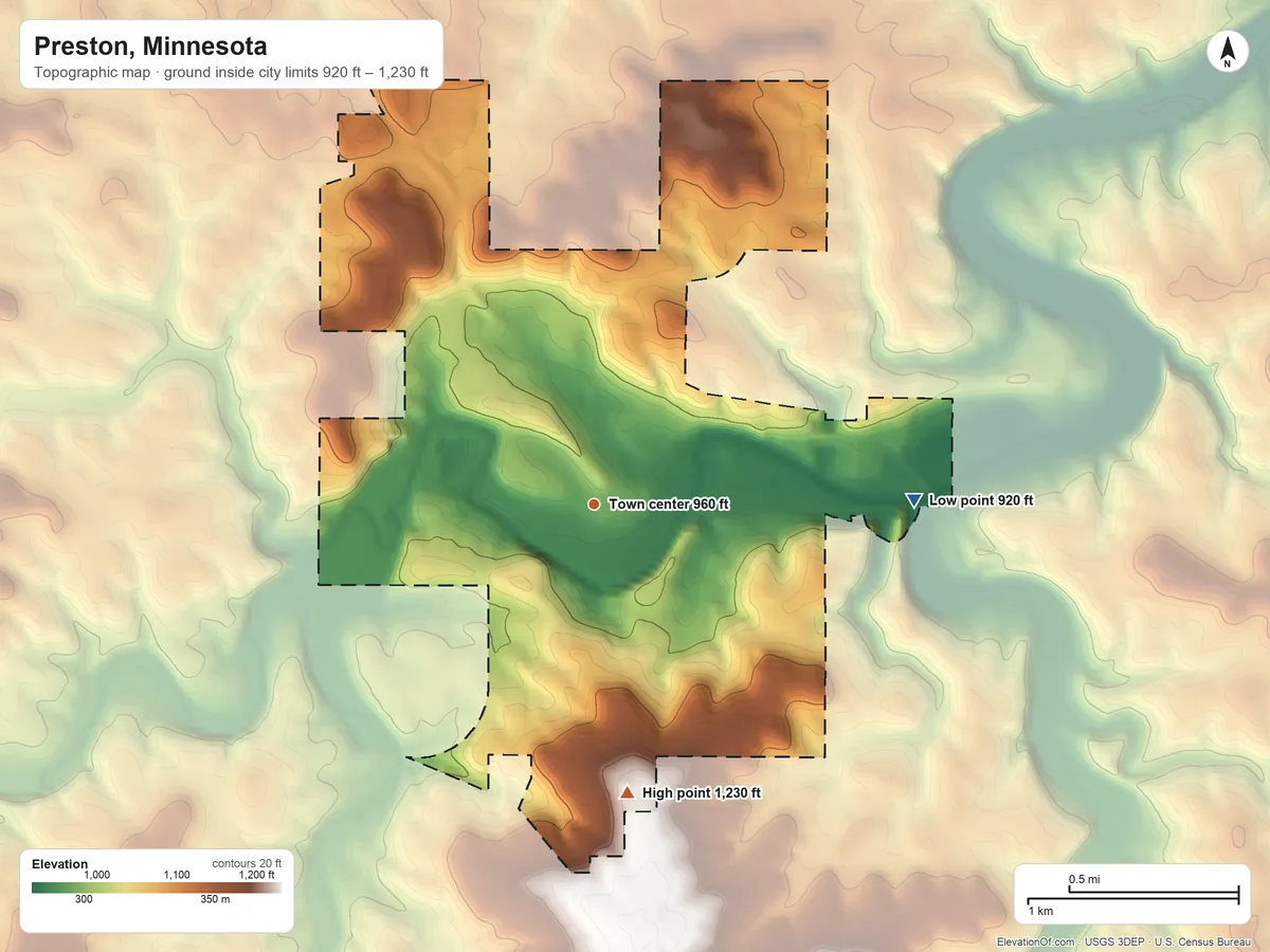 Topographic elevation map of Preston, Minnesota, shaded from 920 ft on the east side to 1,230 ft on the south side