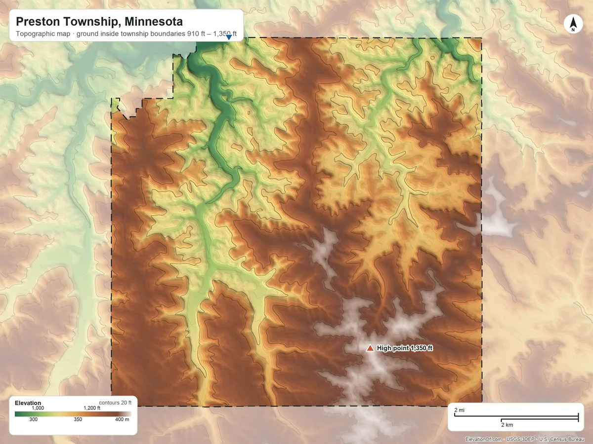 Topographic elevation map of Preston Township, Minnesota, shaded from 910 ft on the northwest side to 1,350 ft on the south side