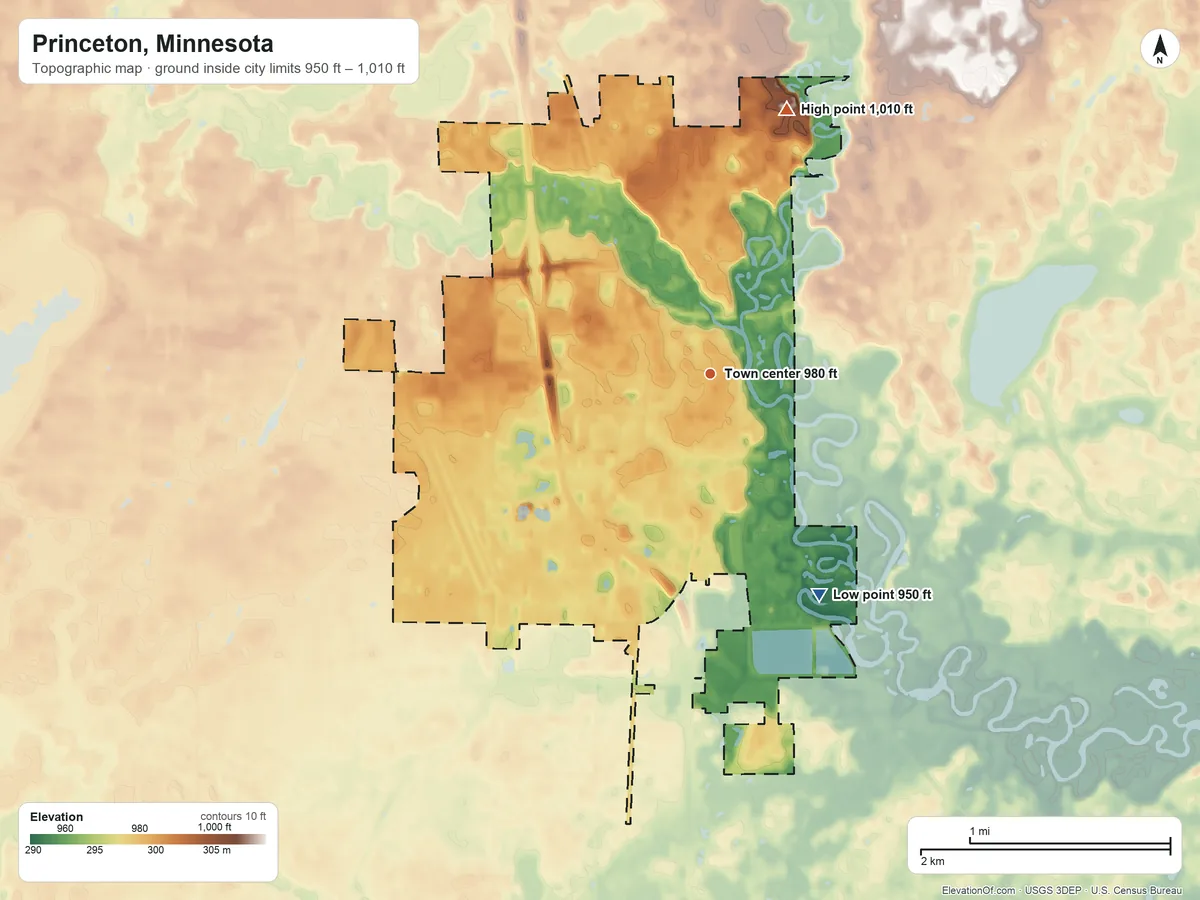 Topographic elevation map of Princeton, Minnesota, shaded from 950 ft on the southeast side to 1,010 ft on the north side