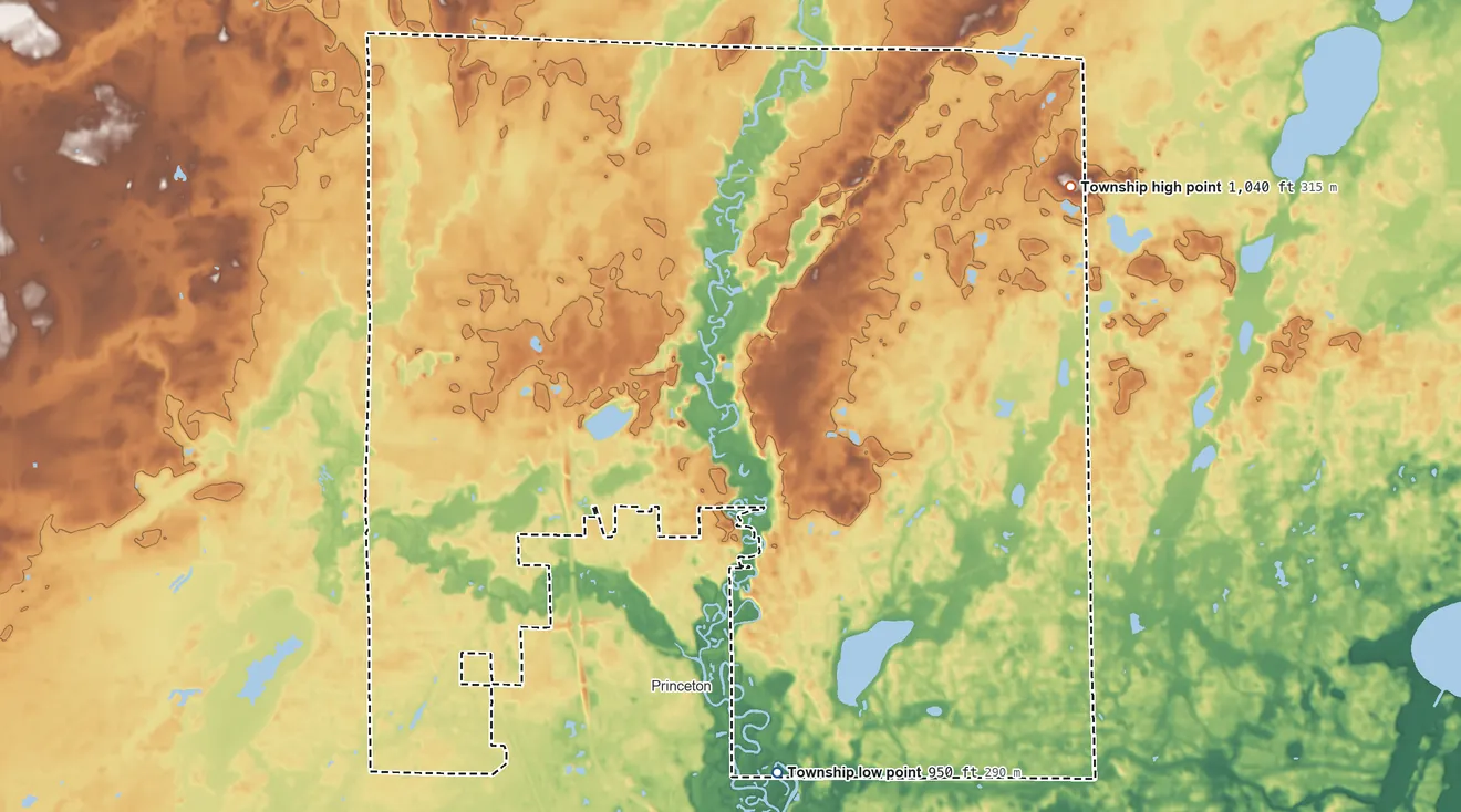 Topographic elevation map of Princeton Township, Minnesota, shaded from 950 ft on the south side to 1,040 ft on the northeast side