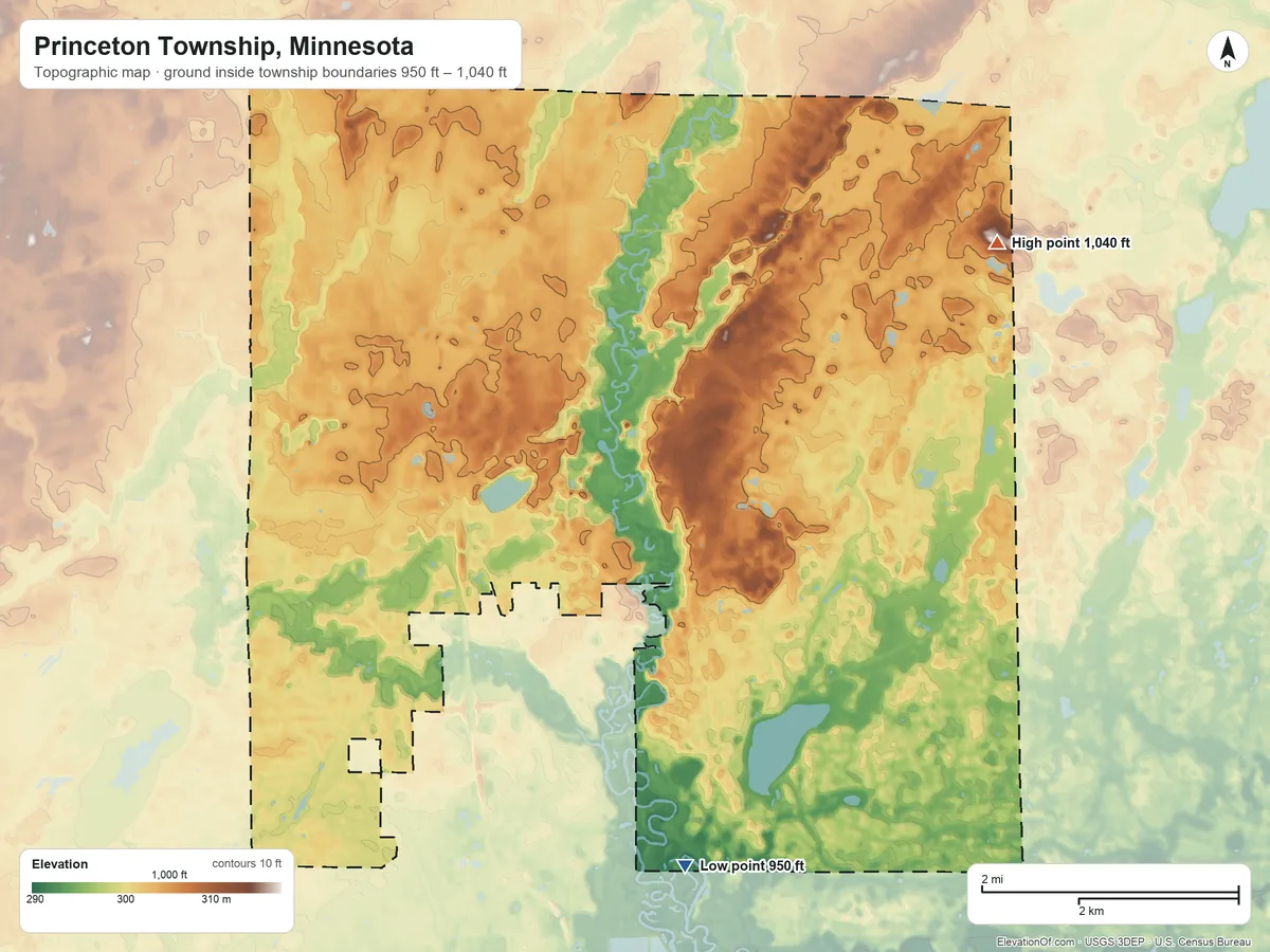 Topographic elevation map of Princeton Township, Minnesota, shaded from 950 ft on the south side to 1,040 ft on the northeast side