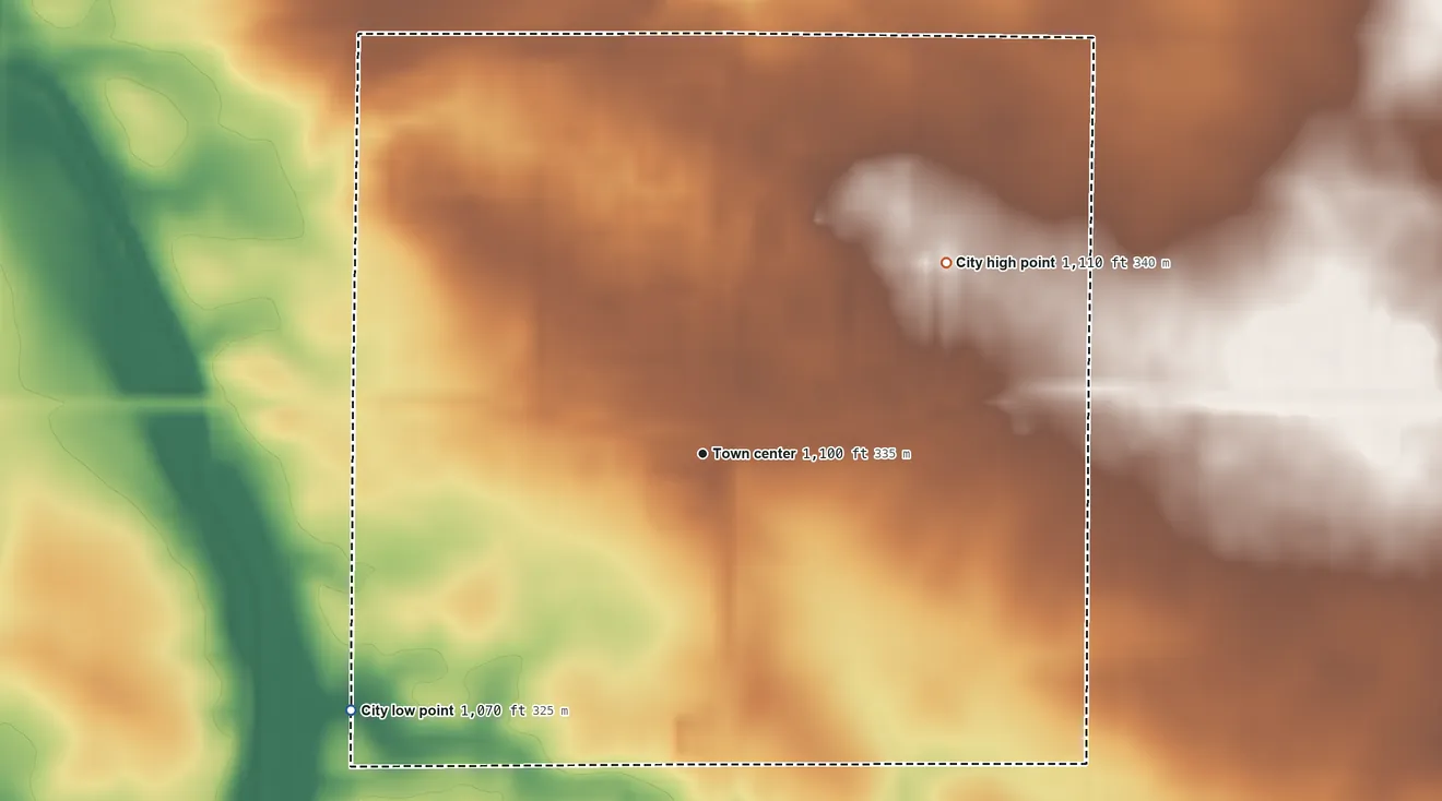 Topographic elevation map of Prinsburg, Minnesota, shaded from 1,070 ft on the southwest side to 1,110 ft on the northeast side