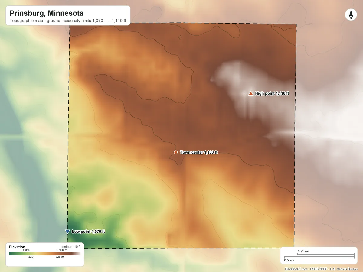 Topographic elevation map of Prinsburg, Minnesota, shaded from 1,070 ft on the southwest side to 1,110 ft on the northeast side