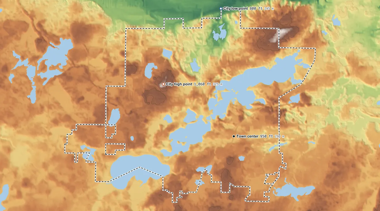 Topographic elevation map of Prior Lake, Minnesota, shaded from 800 ft on the north side to 1,060 ft on the northwest side