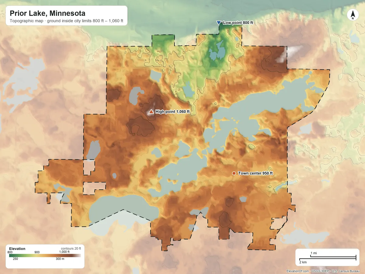 Topographic elevation map of Prior Lake, Minnesota, shaded from 800 ft on the north side to 1,060 ft on the northwest side