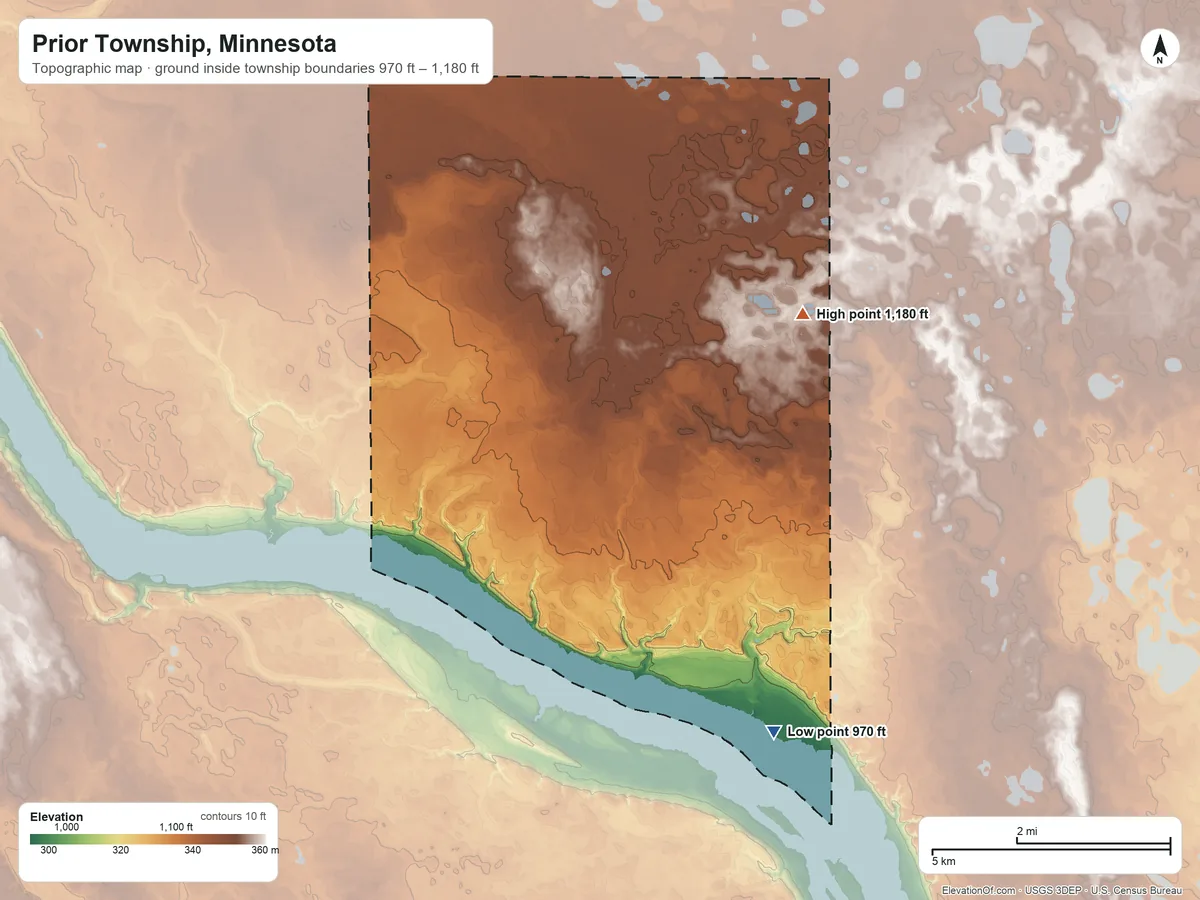 Topographic elevation map of Prior Township, Minnesota, shaded from 970 ft on the southeast side to 1,180 ft on the northeast side