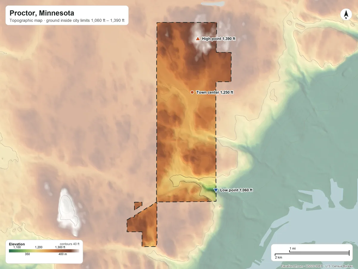Topographic elevation map of Proctor, Minnesota, shaded from 1,060 ft on the south side to 1,390 ft on the north side