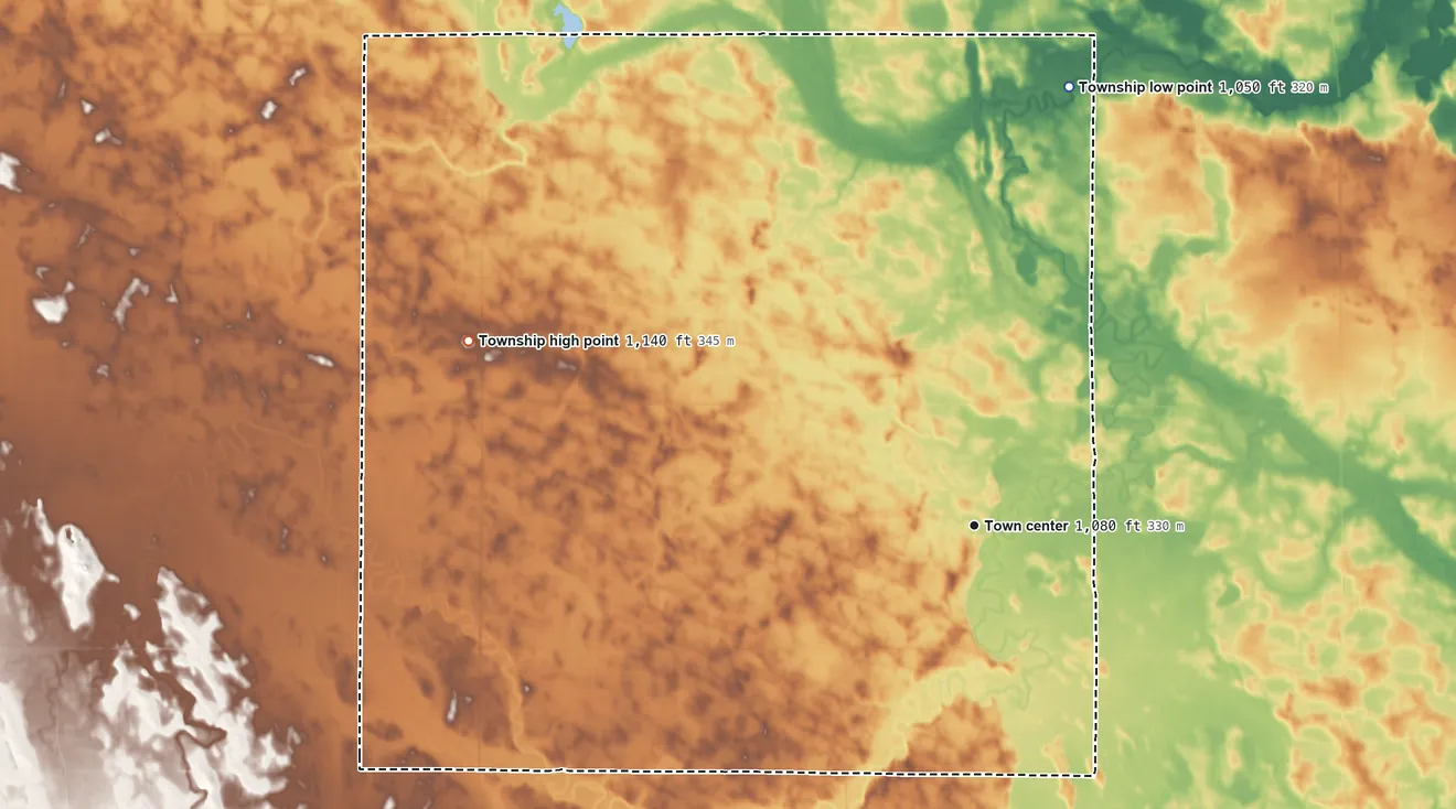 Topographic elevation map of Providence Township, Minnesota, shaded from 1,050 ft on the north side to 1,140 ft on the west side