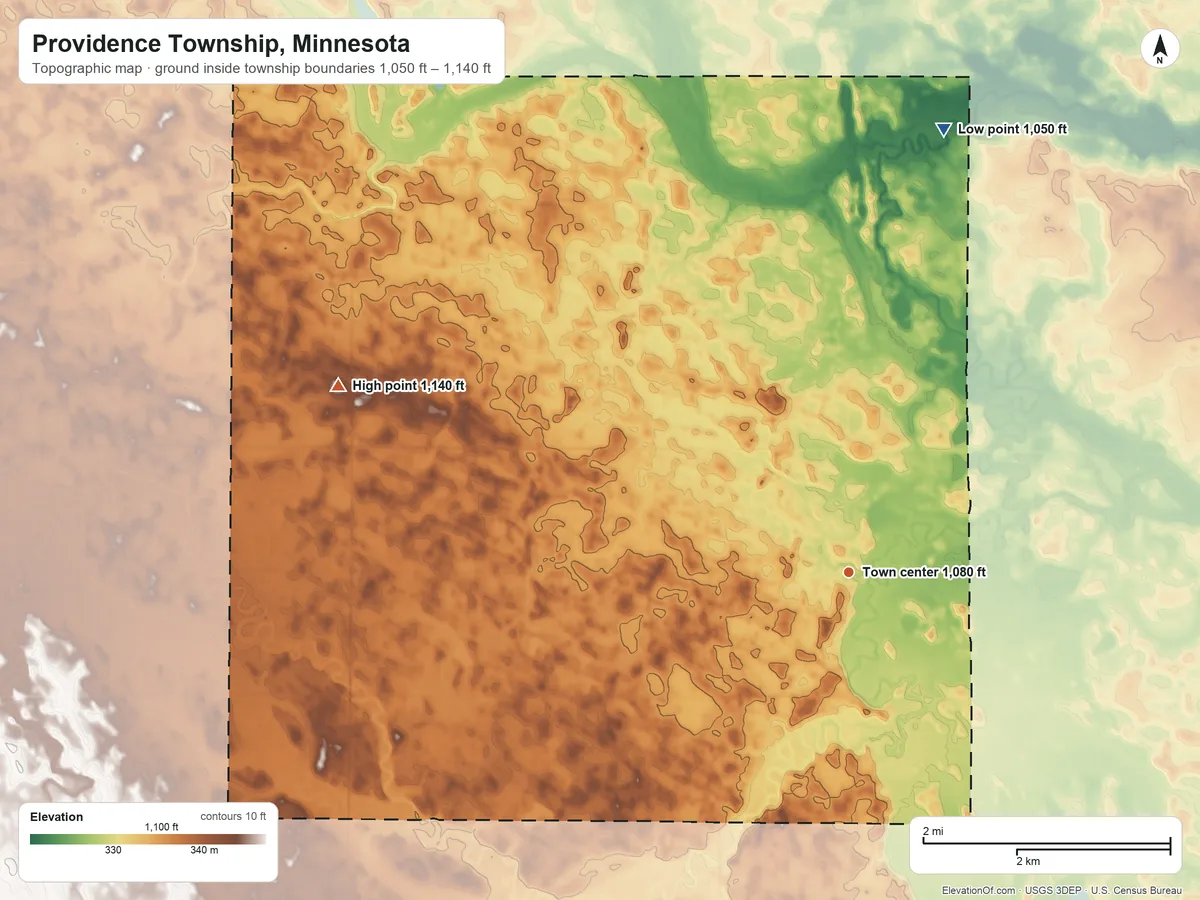 Topographic elevation map of Providence Township, Minnesota, shaded from 1,050 ft on the north side to 1,140 ft on the west side