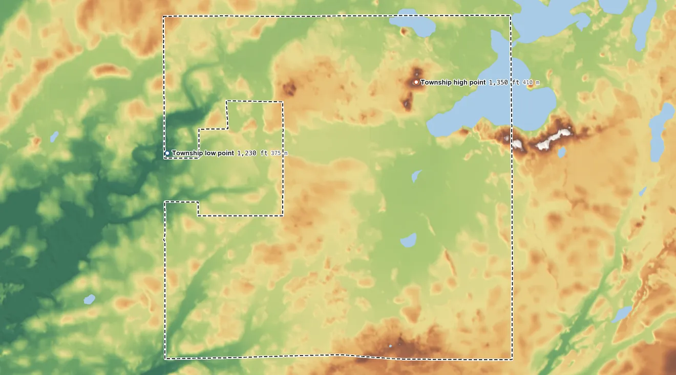 Topographic elevation map of Pulaski Township, Minnesota, shaded from 1,230 ft on the west side to 1,350 ft on the northeast side