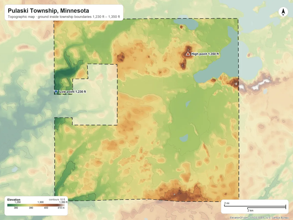Topographic elevation map of Pulaski Township, Minnesota, shaded from 1,230 ft on the west side to 1,350 ft on the northeast side