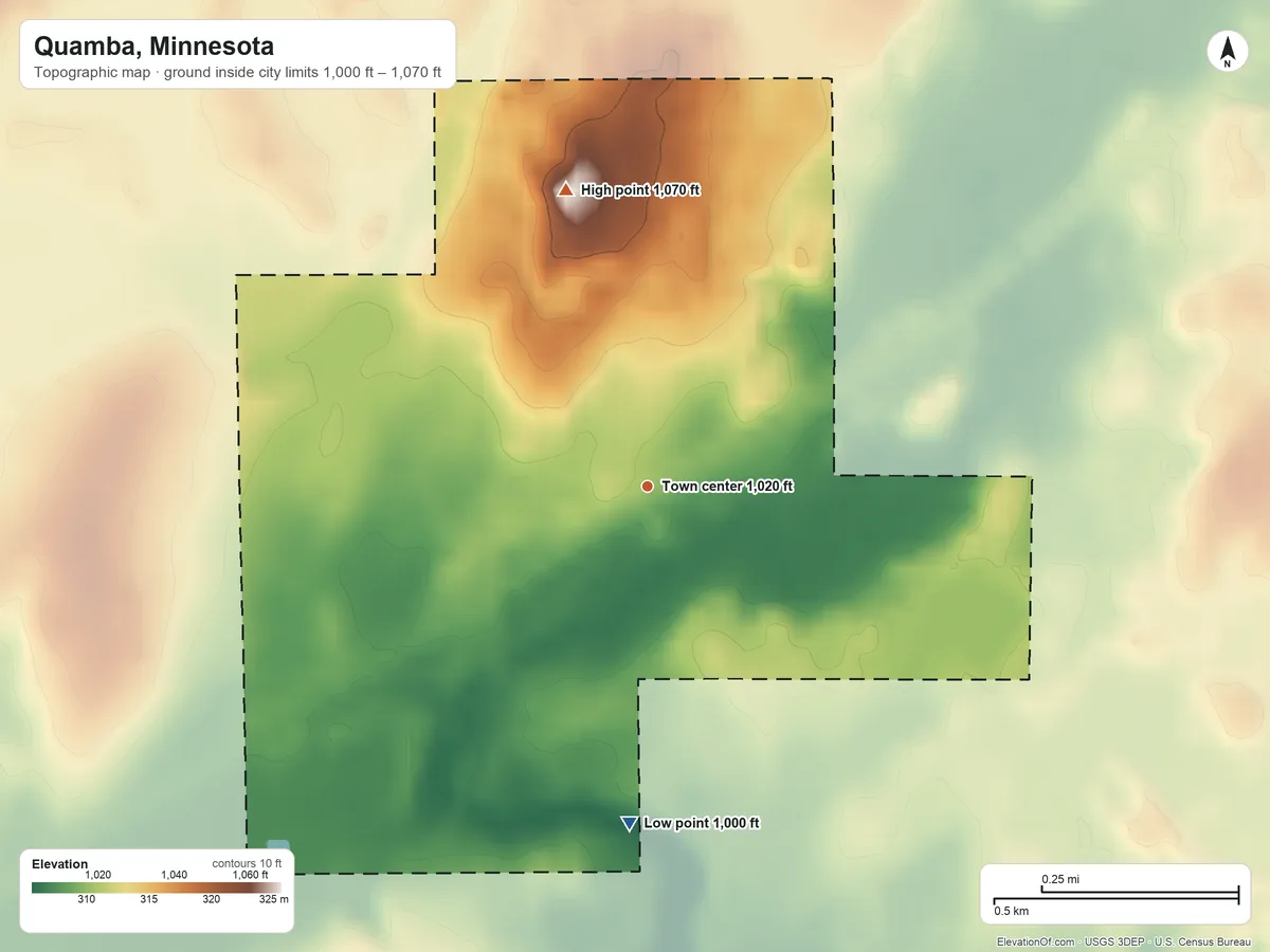 Topographic elevation map of Quamba, Minnesota, shaded from 1,000 ft on the south side to 1,070 ft on the north side