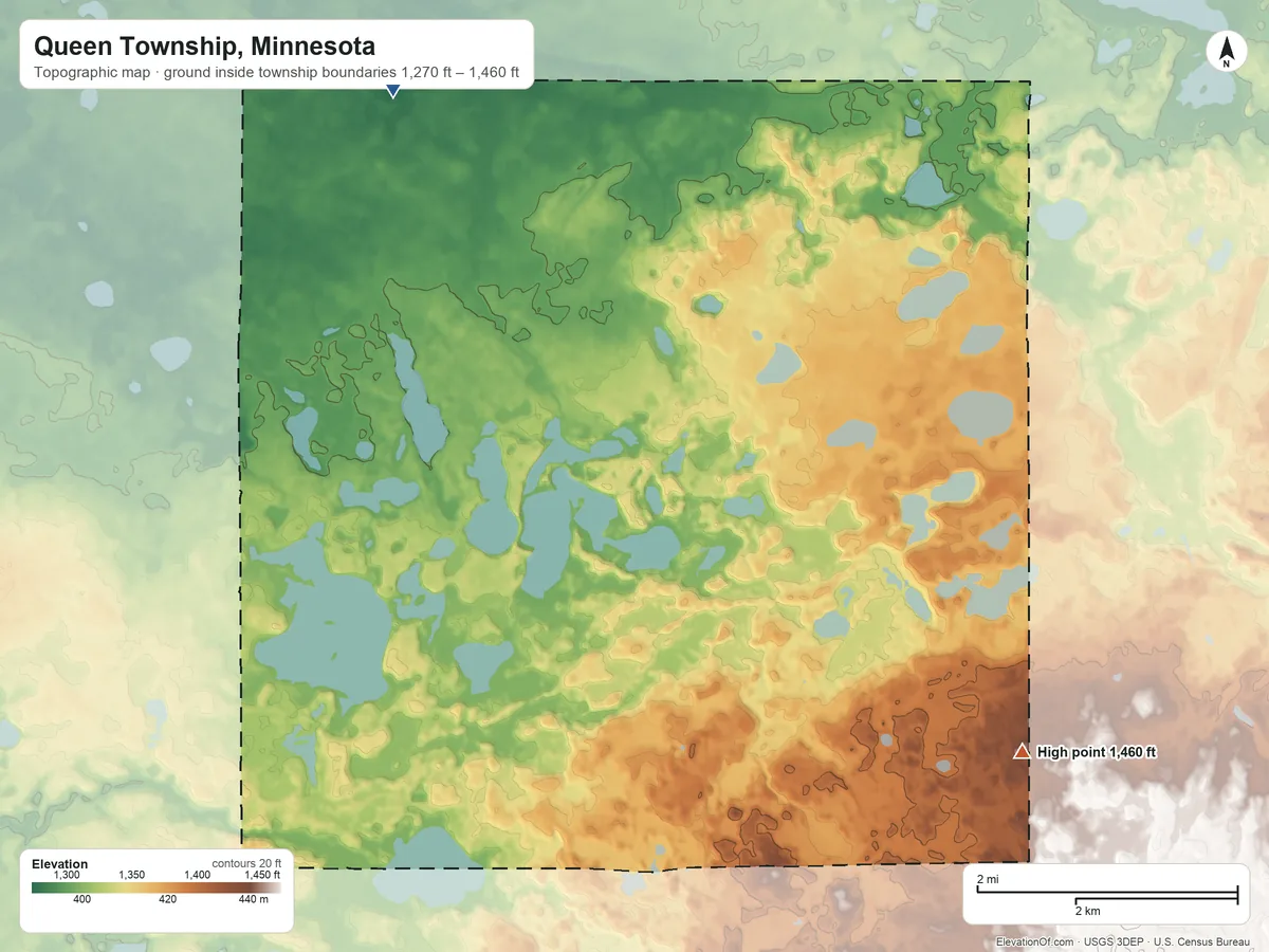Topographic elevation map of Queen Township, Minnesota, shaded from 1,270 ft on the northwest side to 1,460 ft on the southeast side